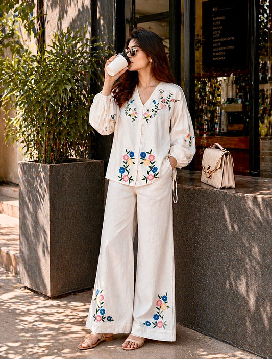 Zilda Floral Embroidered Organic Cotton Co-ord Set for Women