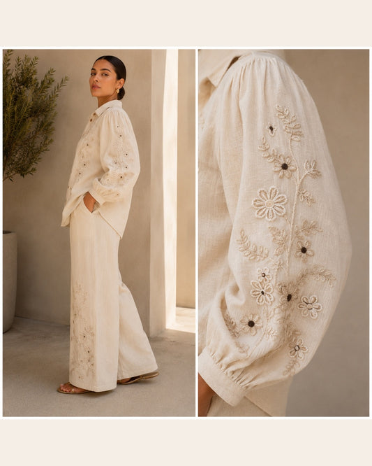 Cindy Embroidered Cotton Linen Co-ord Set for Women
