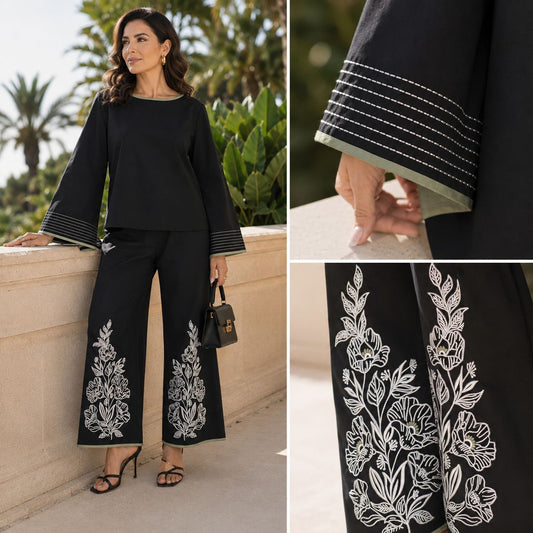 Lindy Embroidered Organic Cotton Co-ord Set for Women – Black