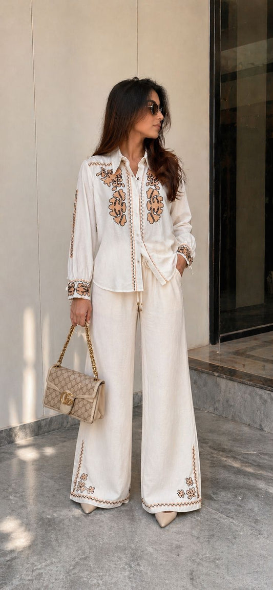 Ginny Hand Embroidered Organic Cotton Co-ord Set for Women – White