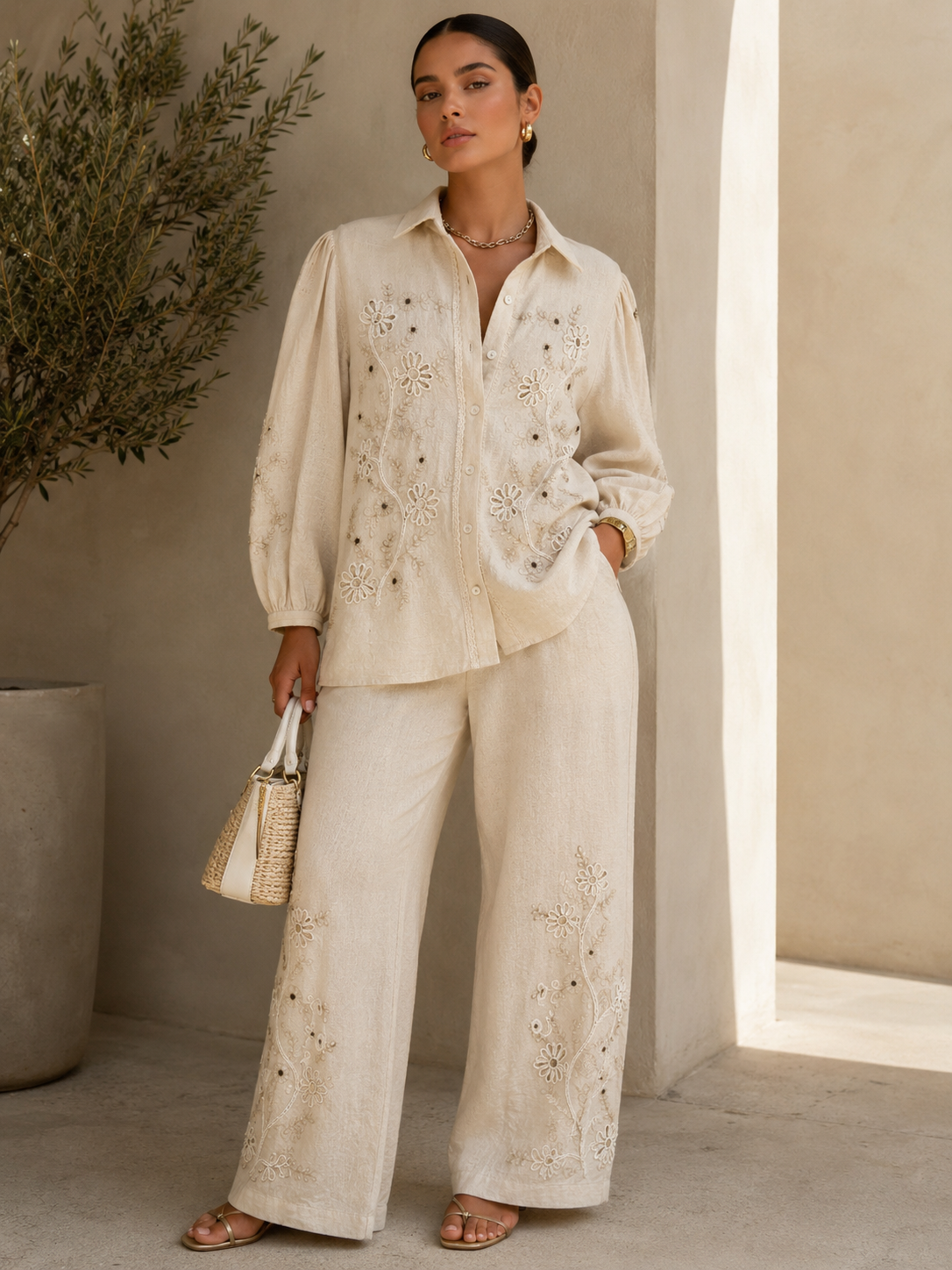 Cindy Embroidered Cotton Linen Co-ord Set for Women