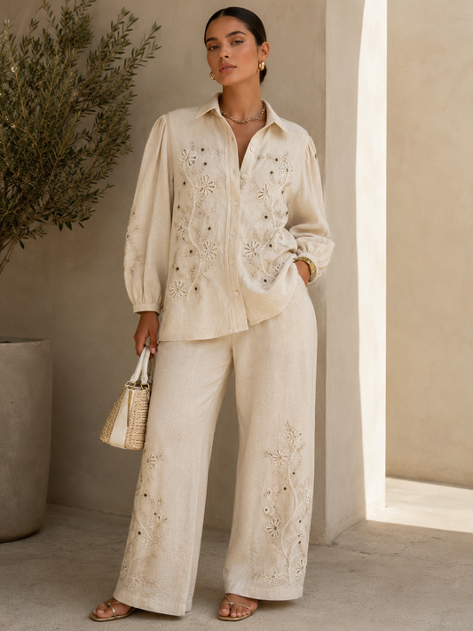 Cindy Embroidered Cotton Linen Co-ord Set for Women