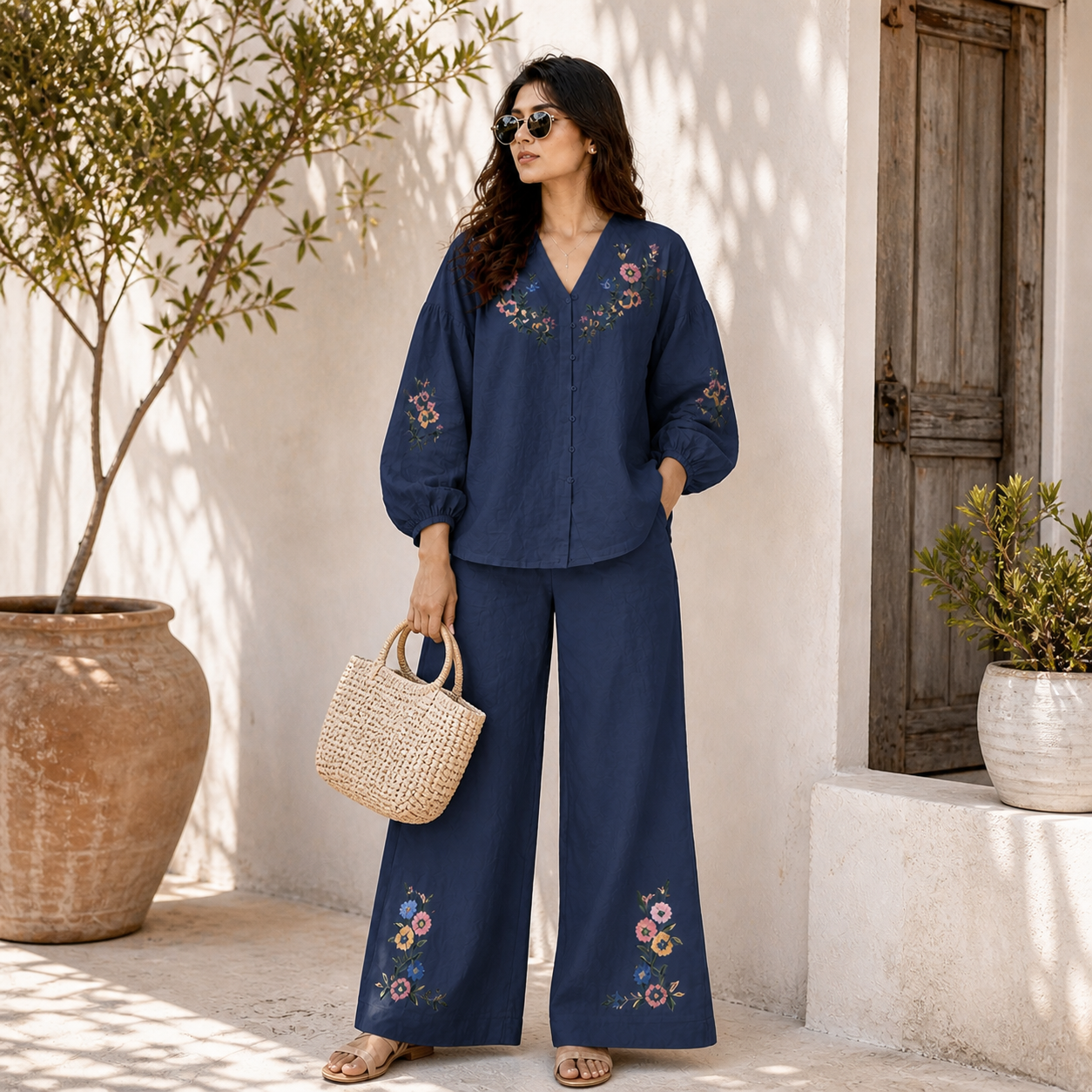 Zilda Floral Embroidered Organic Cotton Co-ord Set for Women