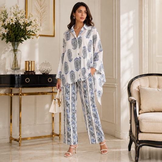 Timmy Organic Mal Cotton Co-Ord Set for Women | Blue Paisley Printed Co-Ord