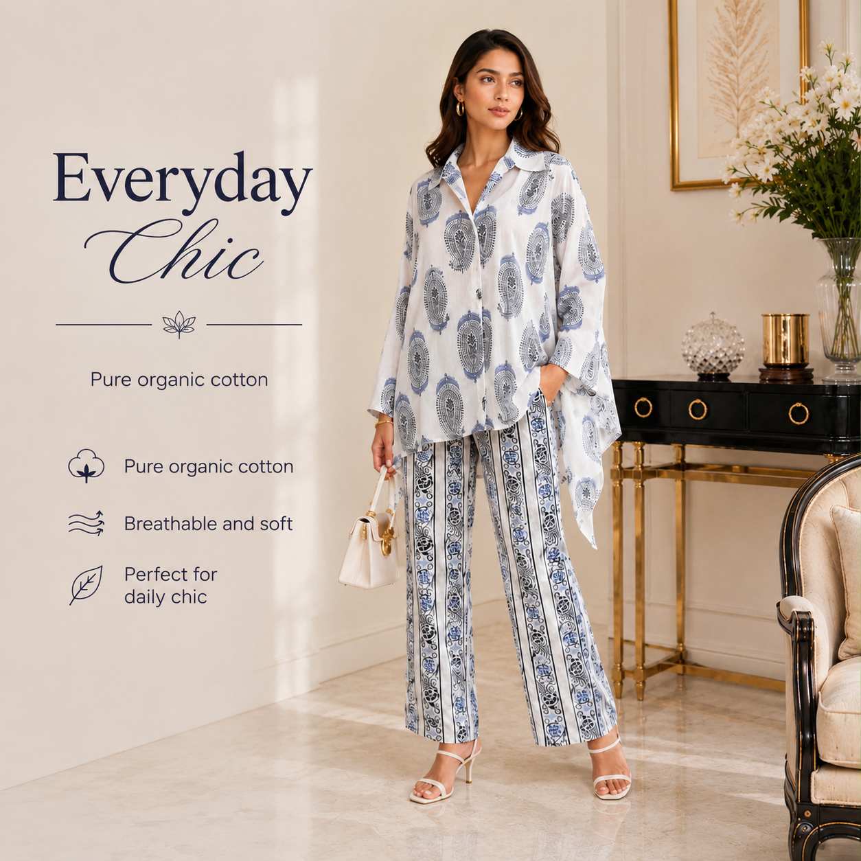 Timmy Organic Mal Cotton Co-Ord Set for Women | Blue Paisley Printed Co-Ord