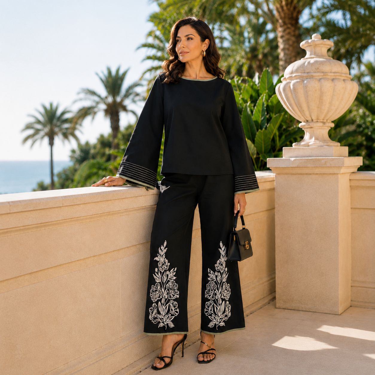 Lindy Embroidered Organic Cotton Co-ord Set for Women – Black