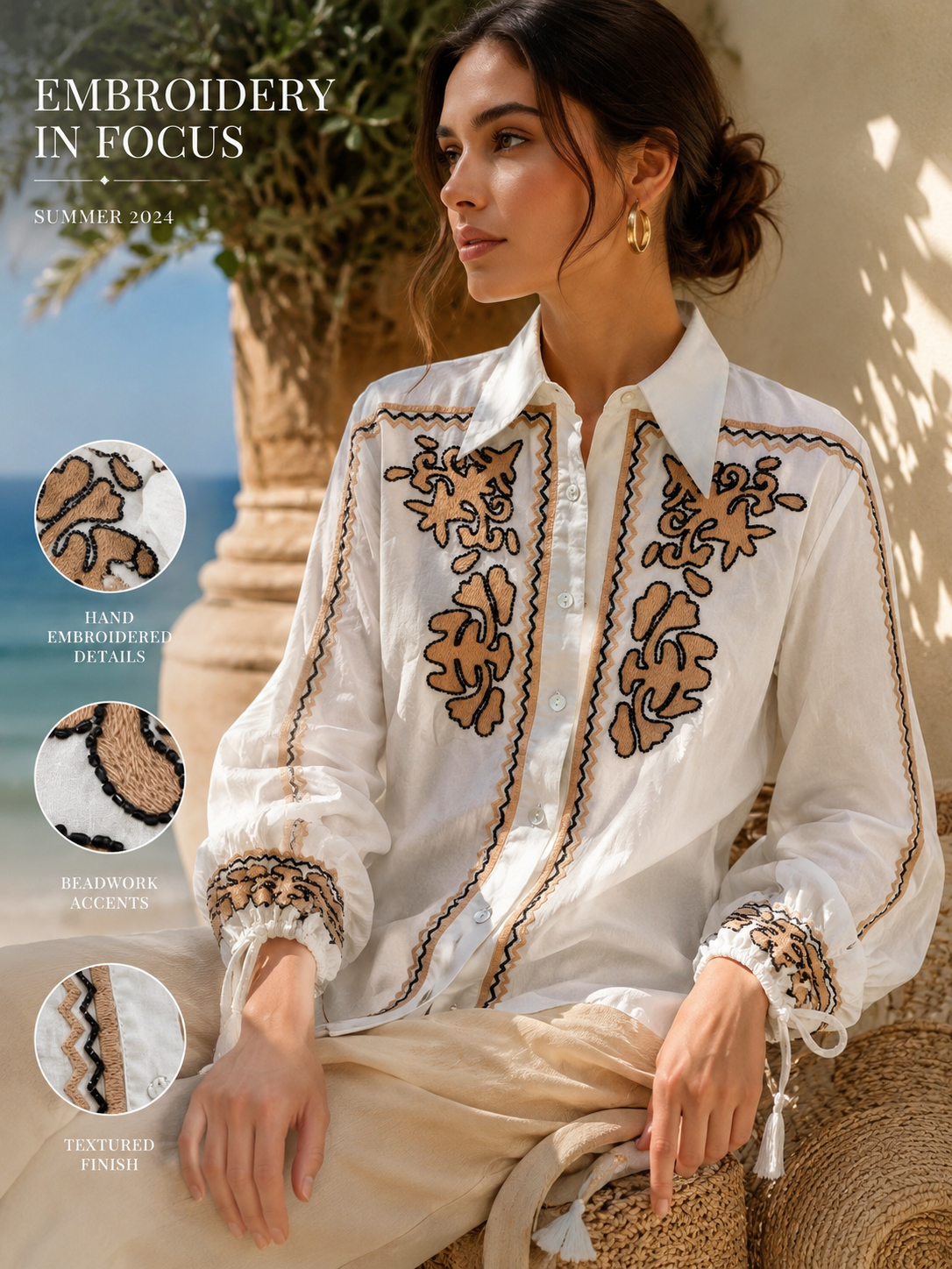 Ginny Hand Embroidered Organic Cotton Co-ord Set for Women – White