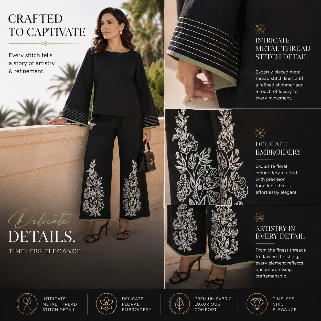 Lindy Embroidered Organic Cotton Co-ord Set for Women – Black